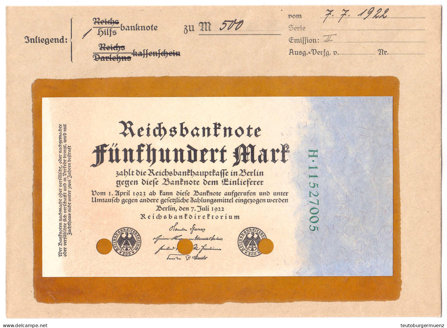 500 Mark 7.7.1922 - 1.4.1923. Muster Mit Dreifach Lochung, Serie H, Im Original Kassenkuvert Der Reichsbank. I-, Farbunt - Sonstige & Ohne Zuordnung