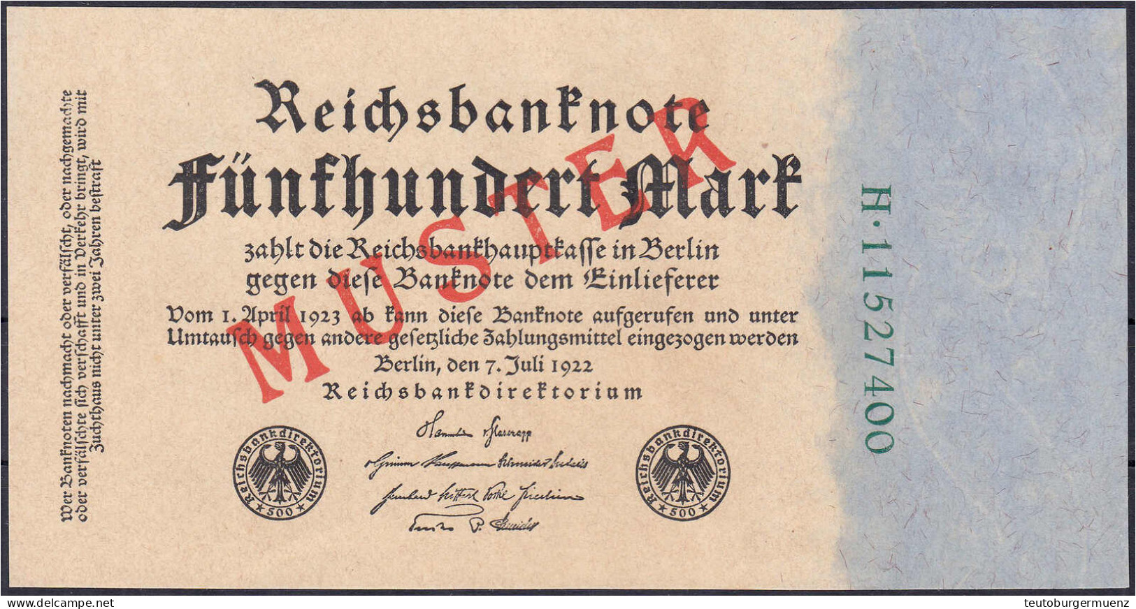 500 Mark 7.7.1922 - 1.4.1923. Mit Rotaufdruck „Muster“ Auf Vs., Serie H, KN. 8-stellig. I-, Farbunterschiede Durch Kasse - Andere & Zonder Classificatie