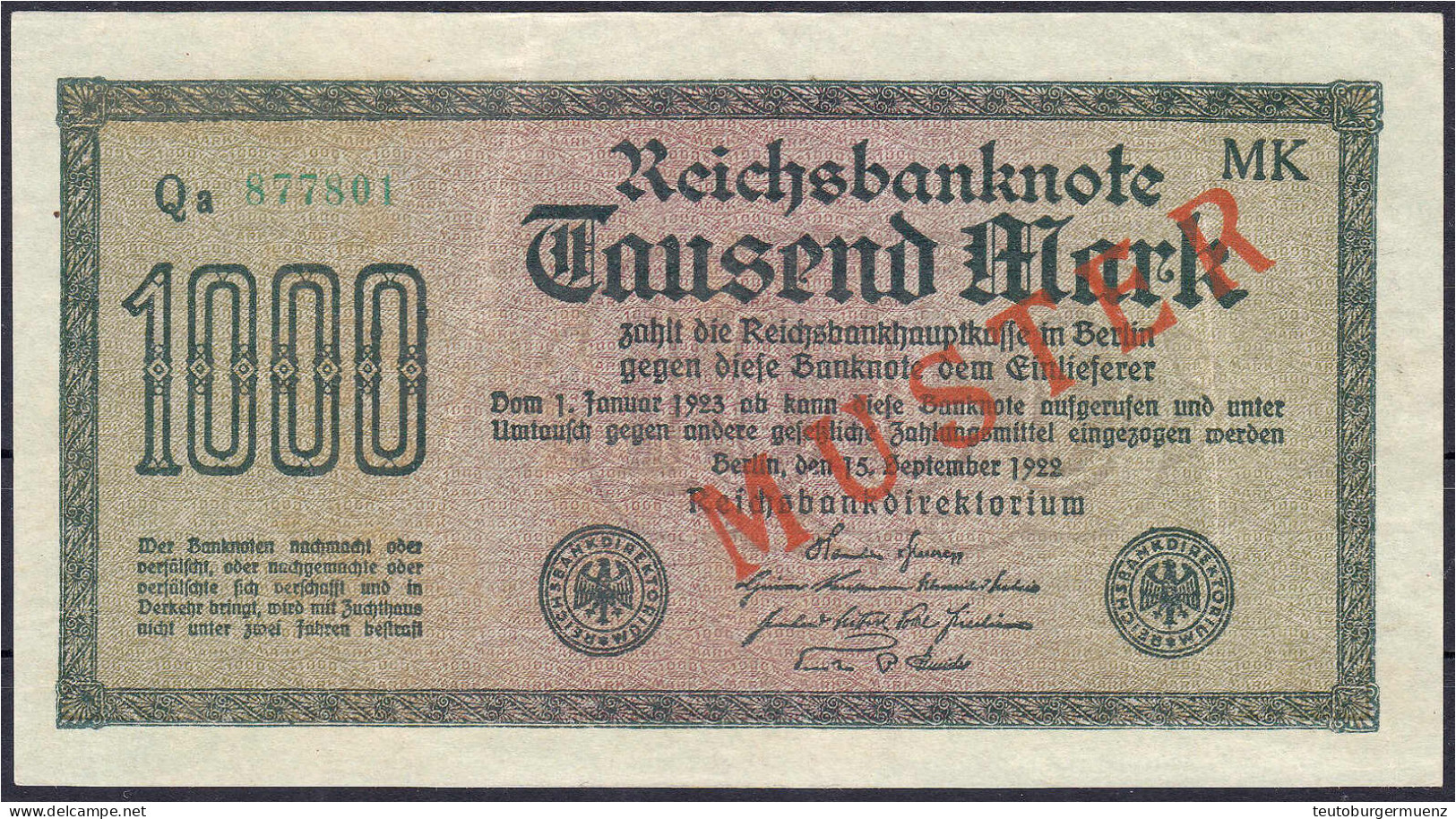 1000 Mark 15.9.1922. Mit Rotaufdruck „Muster“ Auf Vs., Wz. Vielecke, KN. 6-stellig, FZ: MK. II. Rosenberg 75f. Grabowski - Altri & Non Classificati