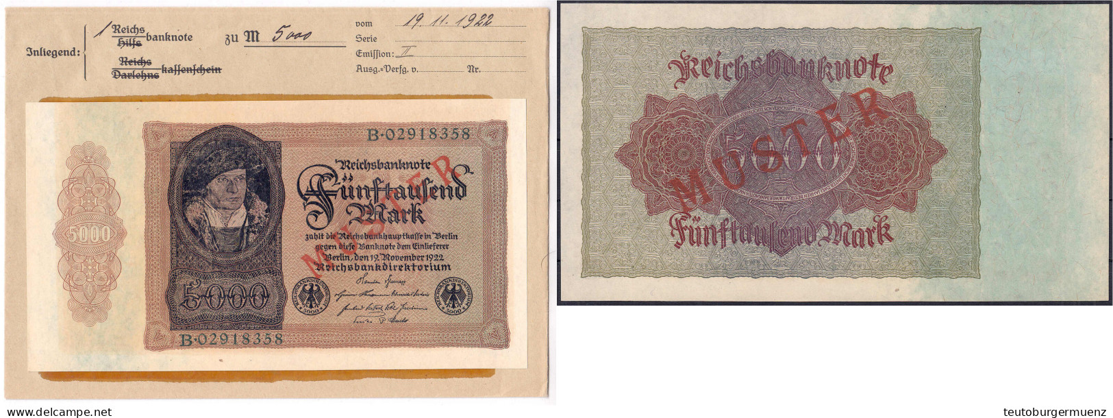 5000 Mark 19.11.1922. Mit Rotaufdruck „Muster“ Auf Vs. Und Rs., Serie B, Im Original Kassenkuvert Der Reichsbank. I, Far - Autres & Non Classés