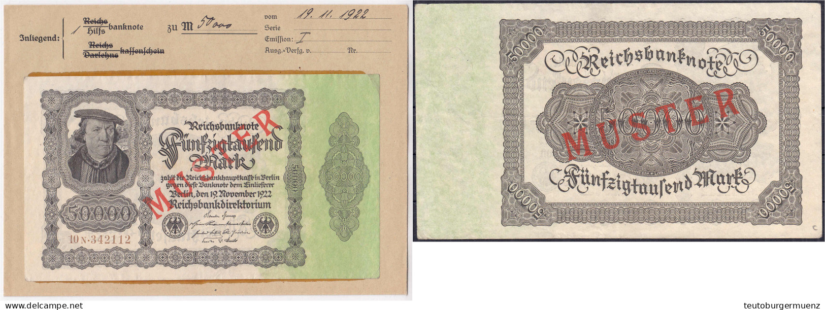 50000 Mark 19.11.1922 Mit Rotaufdruck „Muster“ Auf Vs. Und Rs., KN. 6-stellig, FZ: N, Im Original Kassenkuvert Der Reich - Other & Unclassified