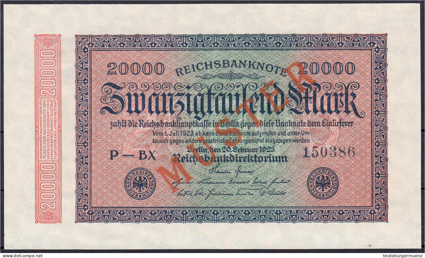 20 Tsd. Mark 20.2.1923. Mit Rotaufdruck „Muster“ Auf Vs., Wz. Ringe, KN. 6-stellig, FZ: BX. I. Rosenberg 84f. Grabowski. - Andere & Zonder Classificatie