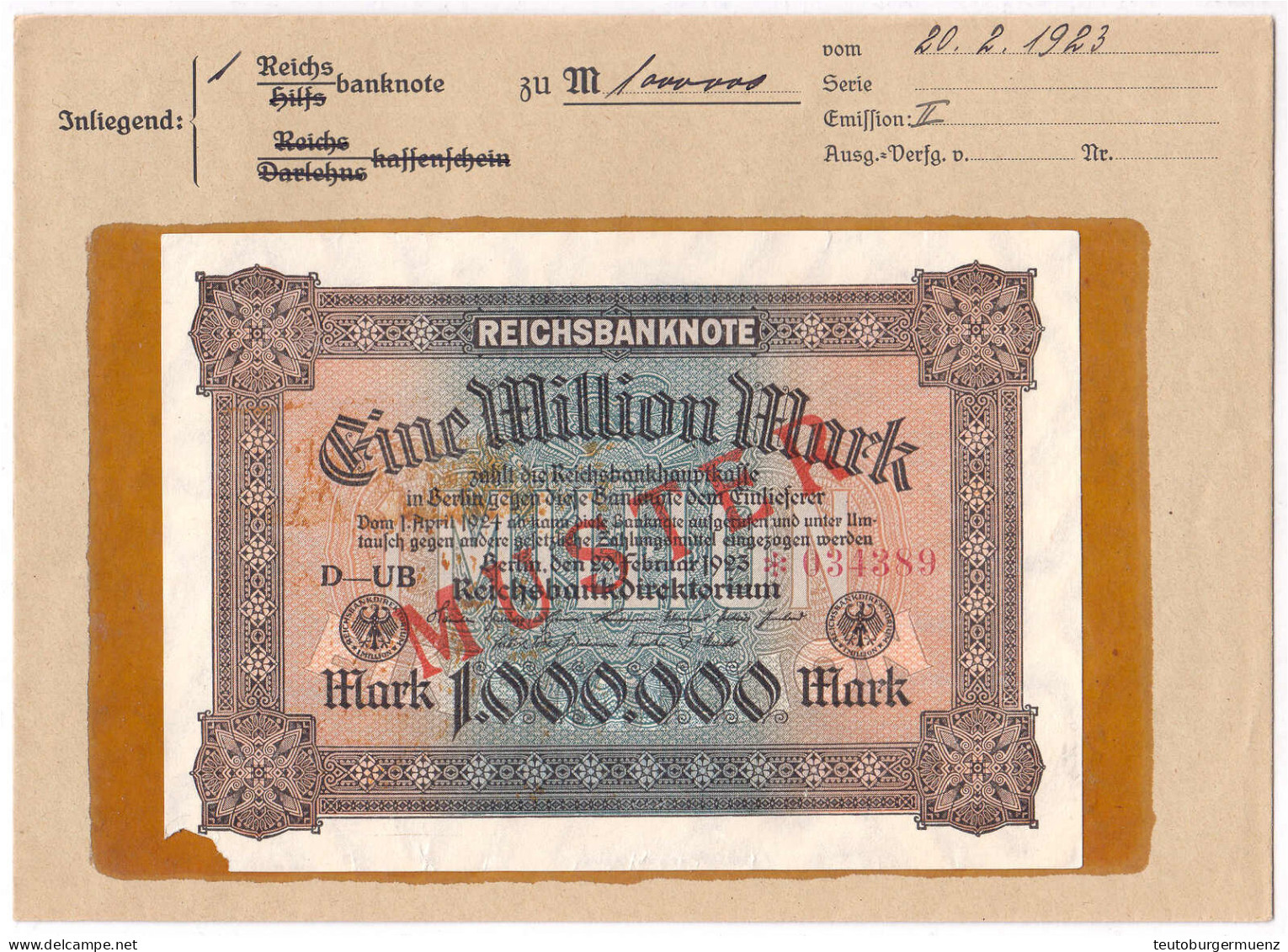 1 Mio. Mark 20.2.1923. Mit Rotaufdruck „Muster“ Auf Vs., Wz. Hakensterne, KN. 6-stellig, FZ: UB, Im Original Kassenkuver - Autres & Non Classés