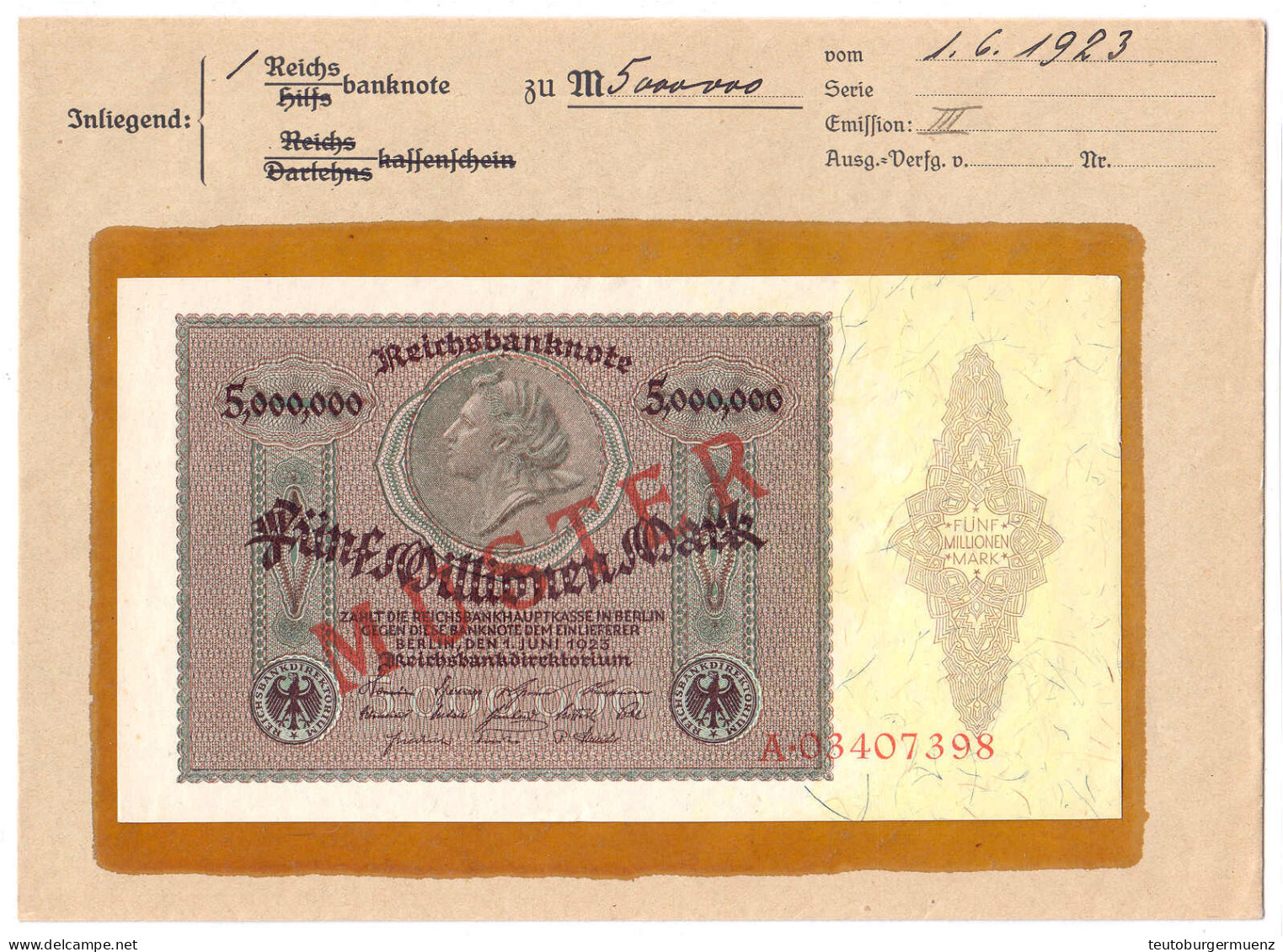 5 Mio. Mark 1.6.1923. Mit Rotaufdruck „Muster“ Auf Vs., Serie A, Im Original Kassenkuvert Der Reichsbank. I-, Farbunters - Other & Unclassified