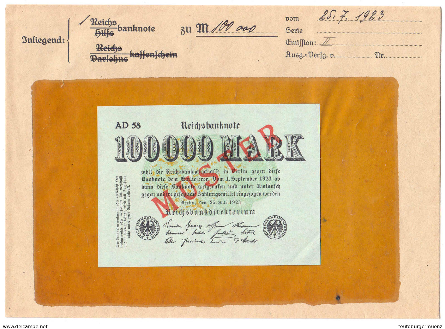 100 Tsd. Mark 25.7.1923. Mit Rotaufdruck „Muster“ Auf Vs., Wz. Hakensterne, Im Original Kassenkuvert Der Reichsbank. I-, - Autres & Non Classés