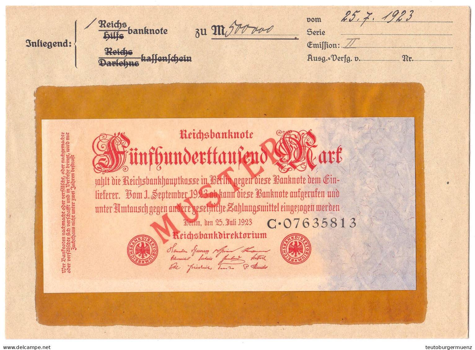 500 Tsd. Mark 25.7.1923. Mit Rotaufdruck „Muster“ Auf Vs., Reichsdruck, KN. 8-stellig, Serie C, Im Original Kassenkuvert - Other & Unclassified