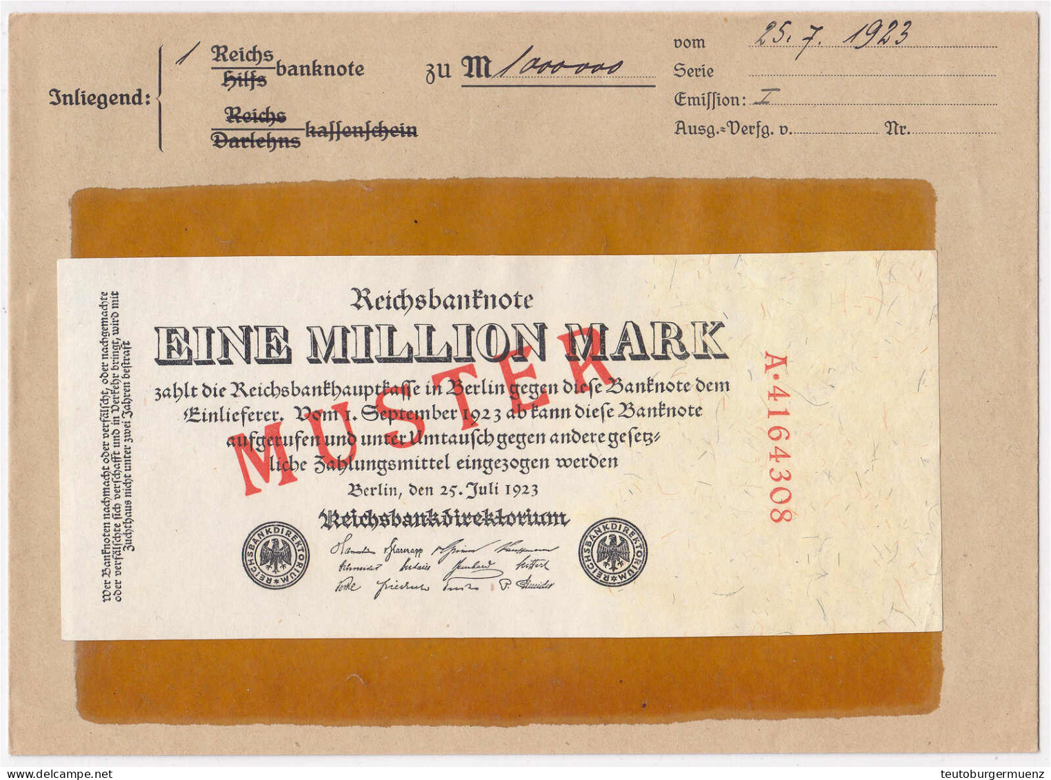 1 Mio. Mark 25.7.1923. Mit Rotaufdruck „Muster“ Auf Vs., Reichsdruck, KN. 7-stellig, Serie A, Im Original Kassenkuvert D - Other & Unclassified