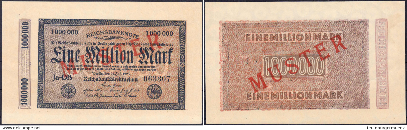 1 Mio. Mark 25.7.1923. Mit Rotaufdruck „Muster“ Auf Vs. Und Rs., Wz. Ringe, FZ: DB, Im Original Kassenkuvert Der Reichsb - Autres & Non Classés