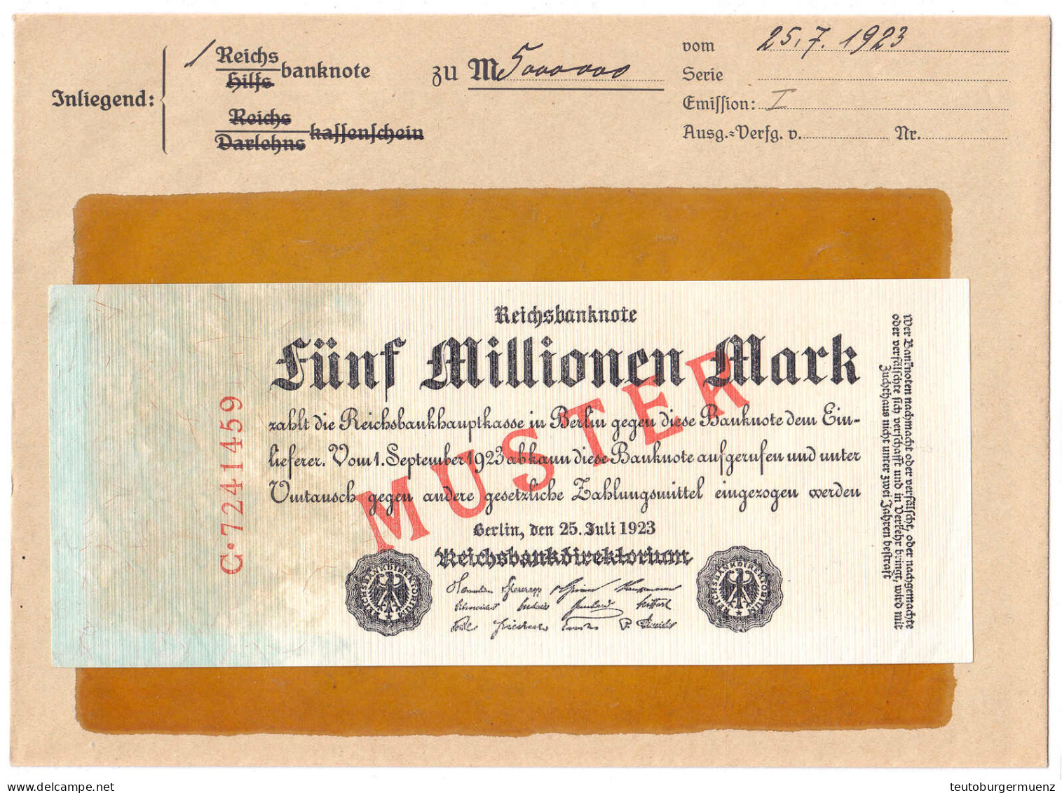 5 Mio. Mark 25.7.1923. Mit Rotaufdruck „Muster“ Auf Vs., Serie C, Im Original Kassenkuvert Der Reichsbank. I-, Farbunter - Sonstige & Ohne Zuordnung