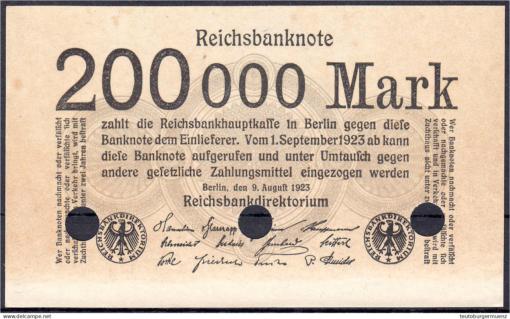 200 Tsd. Mark 9.8.1923. Muster Mit Dreifach Lochung, Ohne KN. Und Ohne FZ. I-, Farbunterschiede Durch Kassenkuvert. Rose - Autres & Non Classés