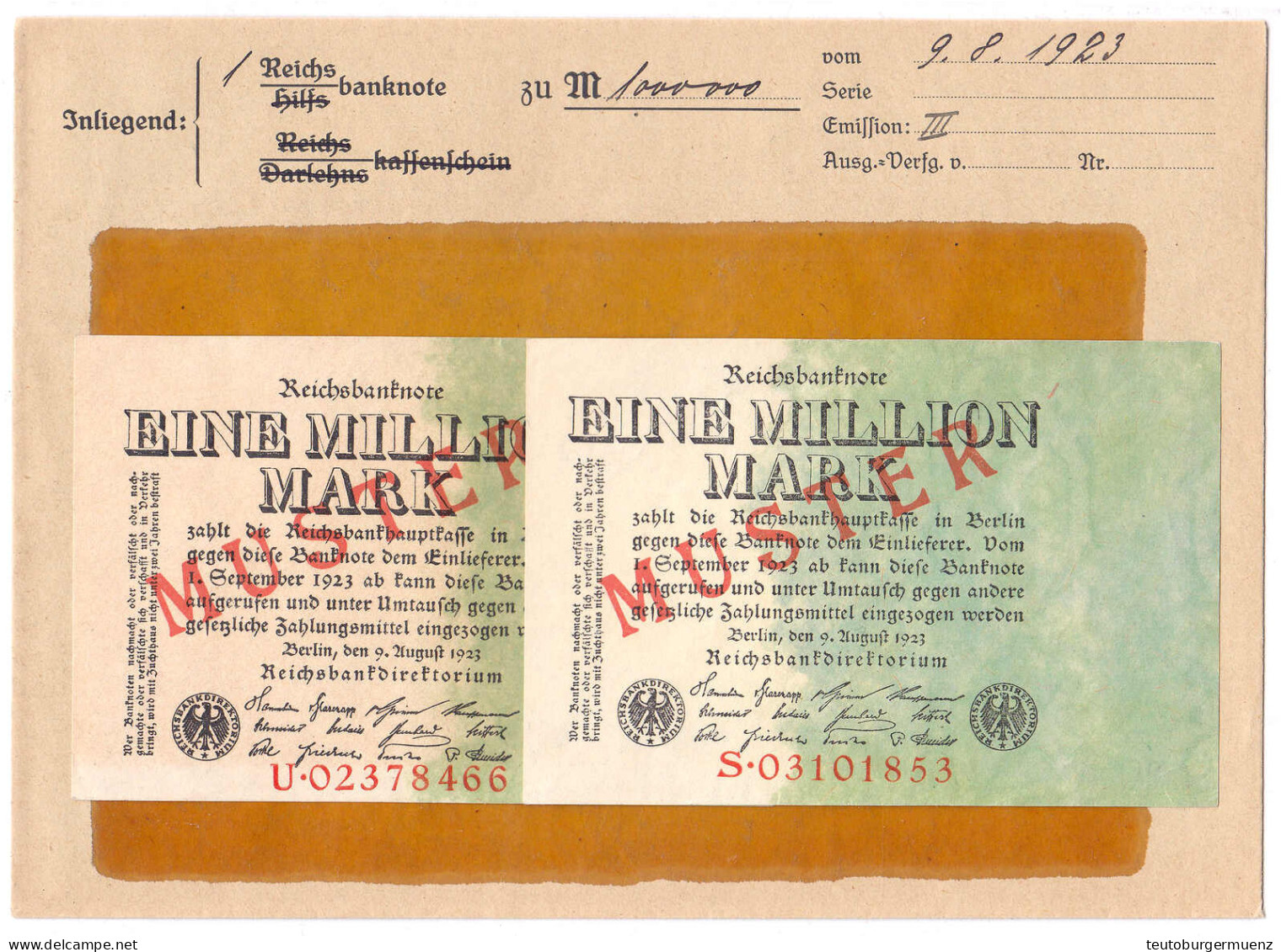 2x 1 Mio. Mark 9.8.1923. Mit Rotaufdruck „Muster“ Auf Vs., Serie S Und U, Dabei Original Kassenkuvert Der Reichsbank. II - Altri & Non Classificati