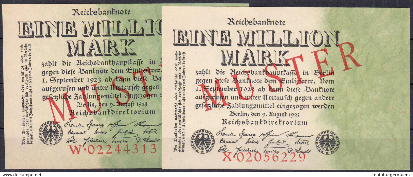 2x 1 Mio. Mark 9.8.1923. Mit Rotaufdruck „Muster“ Auf Vs., Serie W Und X. (Schuster Sammleranfertigungen). I / I- Rosenb - Autres & Non Classés