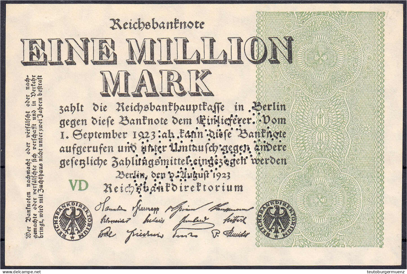 1 Mio. Mark 9.8.1923. Mit Perforation „Wertlos Reichsbank“, Wz. Ringe, FZ: VD. I. Rosenberg 101. Grabowski. DEU-114. Pic - Sonstige & Ohne Zuordnung