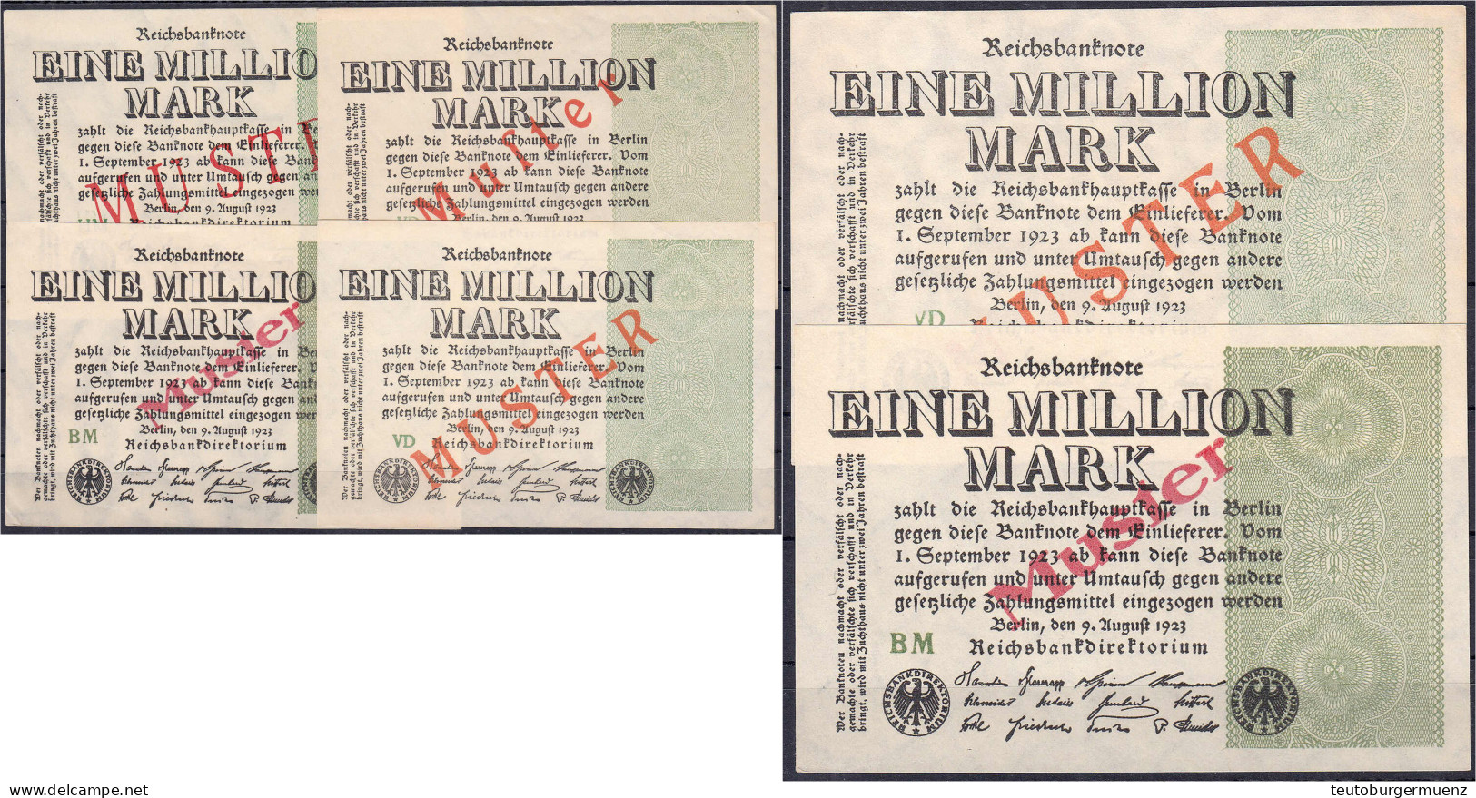 6x 1 Mio. Mark 9.8.1923. Alle Mit Aufdruck „Muster“ Auf Vs., Darunter Alle Bekannten Wasserzeichen. I-II. Rosenberg 101. - Autres & Non Classés