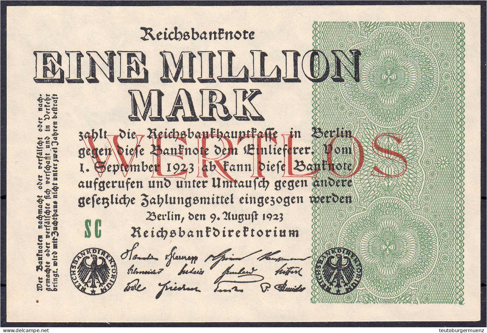 1 Mio. Mark 9.8.1923. Mit Aufdruck „WERTLOS“ Auf Vs., Wz. Ringe, FZ: SC. I- Rosenberg 101. Grabowski. DEU-114. Pick 102. - Autres & Non Classés