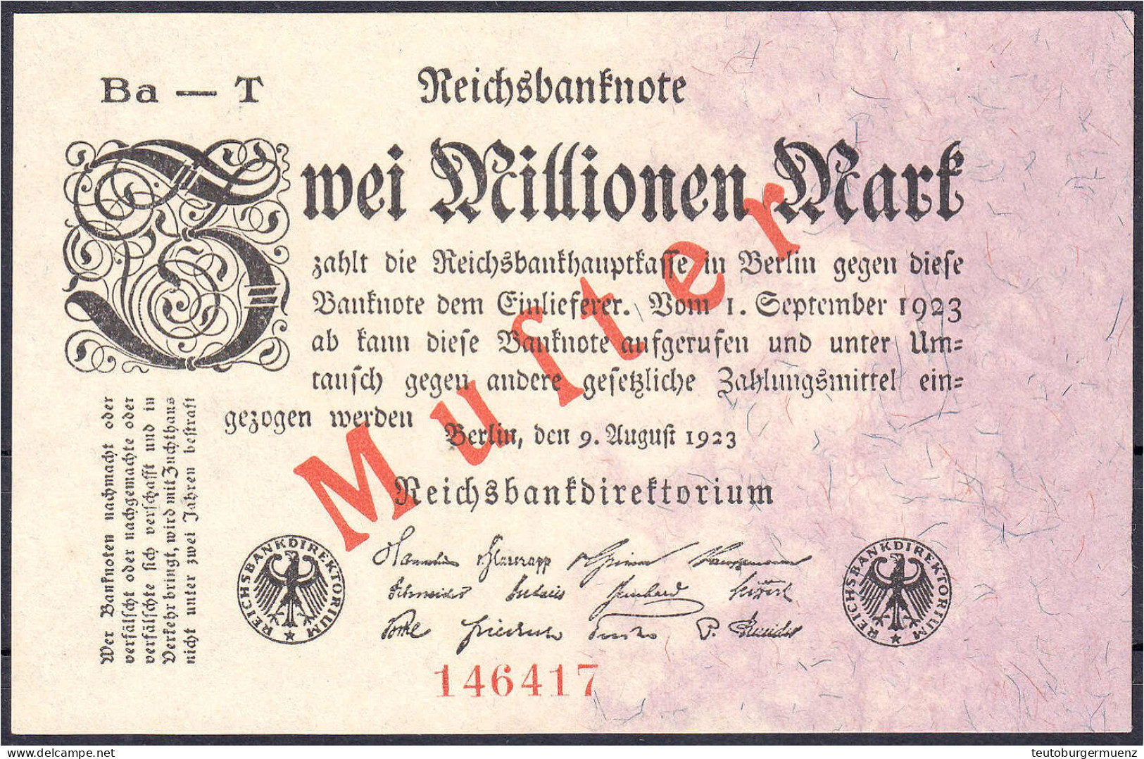 2 Mio. Mark 9.8.1923. Mit Rotaufdruck „Muster“ Auf Vs., FZ Und Reihe Schwarz, FZ: T. I. Rosenberg 102b. Grabowski. DEU-1 - Other & Unclassified