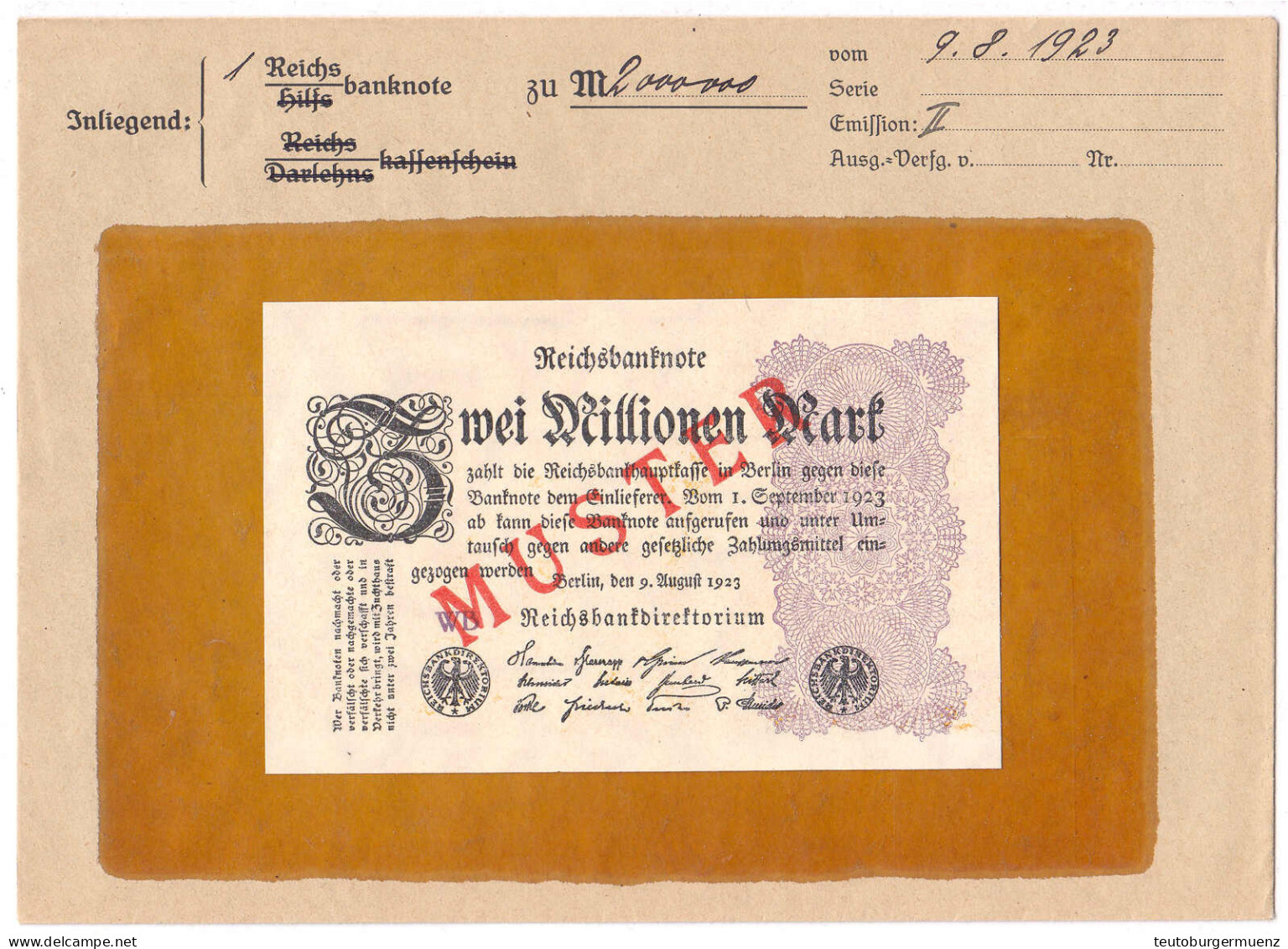 2 Mio. Mark 9.8.1923. Mit Rotaufdruck „Muster“ Auf Vs., Wz. Hakensterne, FZ: WB, Im Original Kassenkuvert Der Reichsbank - Sonstige & Ohne Zuordnung