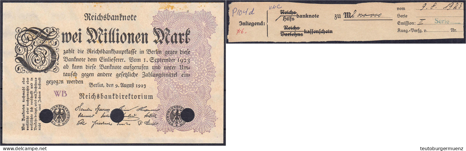 2 Mio. Mark 9.8.1923. Muster Mit Dreifach Lochung, Wz. Hakensterne, FZ: WB. II+, Fleckig Wahrscheinlich Durch Kassenkuve - Autres & Non Classés