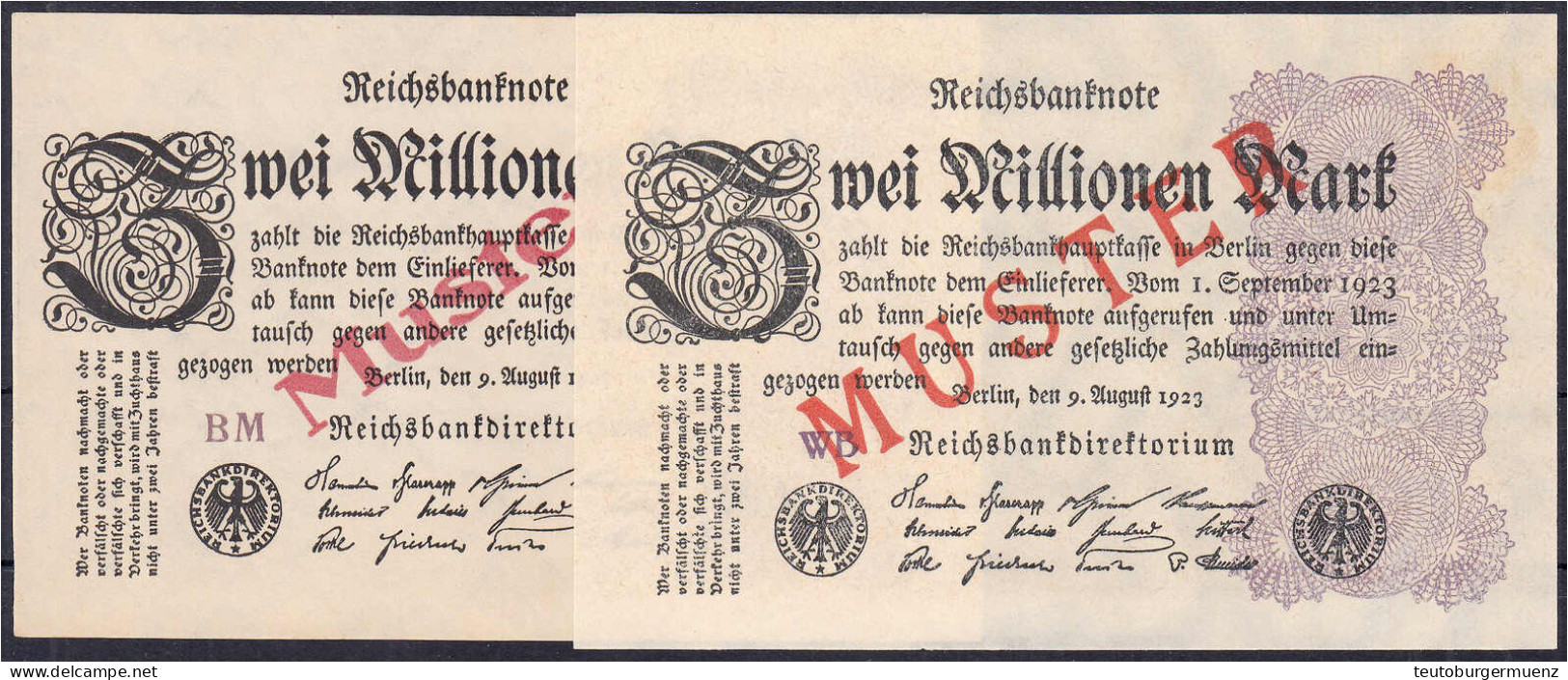 2x 2 Mio. Mark 9.8.1923. Mit Rotaufdruck „Muster“ Auf Vs., Wz. Gitter Und Hakensterne. I- Rosenberg 103a,d. Grabowski. D - Other & Unclassified