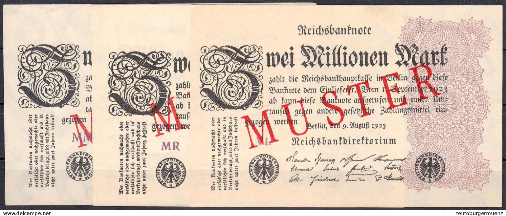 3x 2 Mio. Mark 9.8.1923. Mit Rotaufdruck „Muster“ Auf Vs., Wz. Hakensterne. (Schuster Sammleranfertigungen). I- Rosenber - Altri & Non Classificati