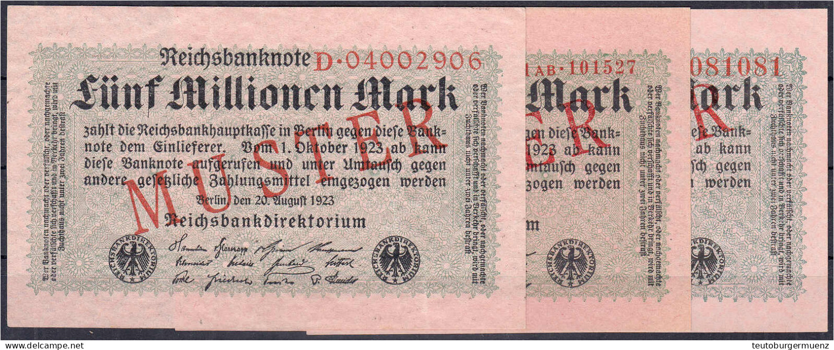 3x 5 Mio. Mark 20.8.1923. Alle Mit Rotaufdruck „Muster“ Auf Vs. (Schuster Sammleranfertigungen). I-II. Rosenberg 104a,b. - Sonstige & Ohne Zuordnung