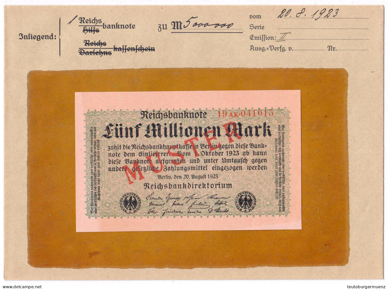 5 Mio. Mark 20.8.1923. Mit Rotaufdruck „Muster“ Auf Vs., Firmendruck, KN. 6-stellig, FZ Und Reihe Rot, FZ: AK, Im Origin - Sonstige & Ohne Zuordnung