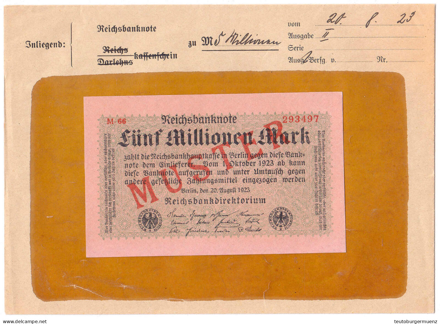 5 Mio. Mark 20.8.1923. Mit Rotaufdruck „Muster“ Auf Vs., Firmendruck, KN. 6-stellig, FZ Und Reihe Rot, FZ: M, Im Origina - Other & Unclassified