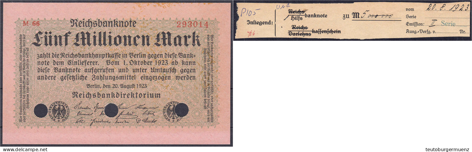 5 Mio. Mark 20.8.1923. Muster Mit Dreifach Lochung, Firmendruck, KN. 6-stellig, FZ Und Reihe Rot, FZ: M. I, Fleckig Und  - Sonstige & Ohne Zuordnung