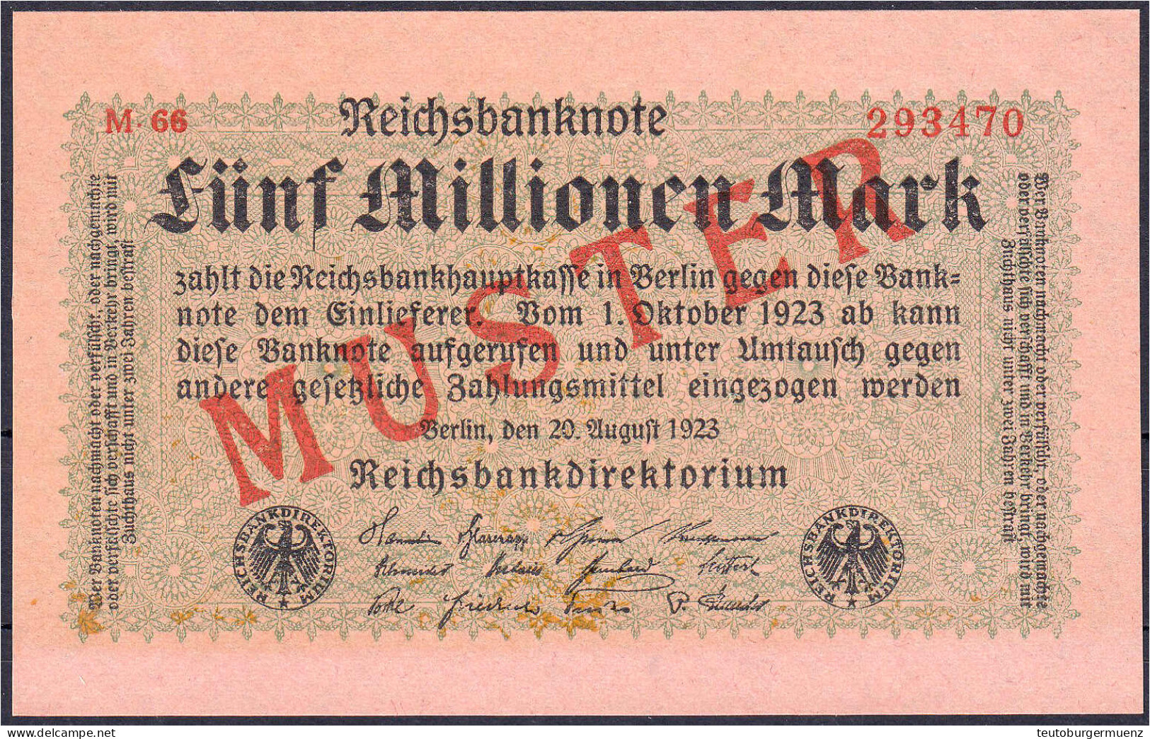 5 Mio. Mark 20.8.1923. Mit Rotaufdruck „Muster“ Auf Vs. I-, Fleckig Wahrscheinlich Durch Kassenkuvert. Rosenberg 104b. G - Other & Unclassified