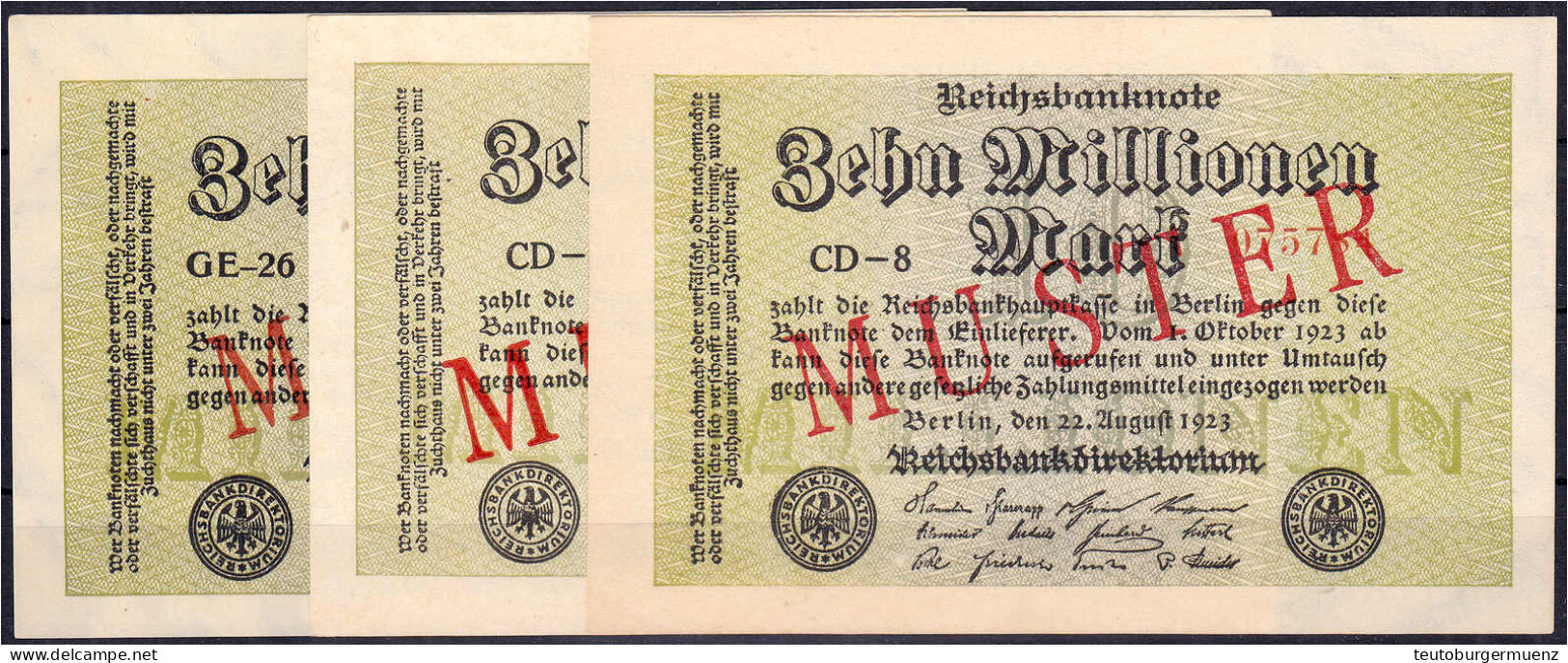 3x 10 Mio. Mark 22.8.1923. Mit Rotaufdruck „Muster“ Auf Vs., 2x Wz. Hakensterne Und 1x Ringe, KN. 6-stellig, FZ: GE, CD, - Autres & Non Classés