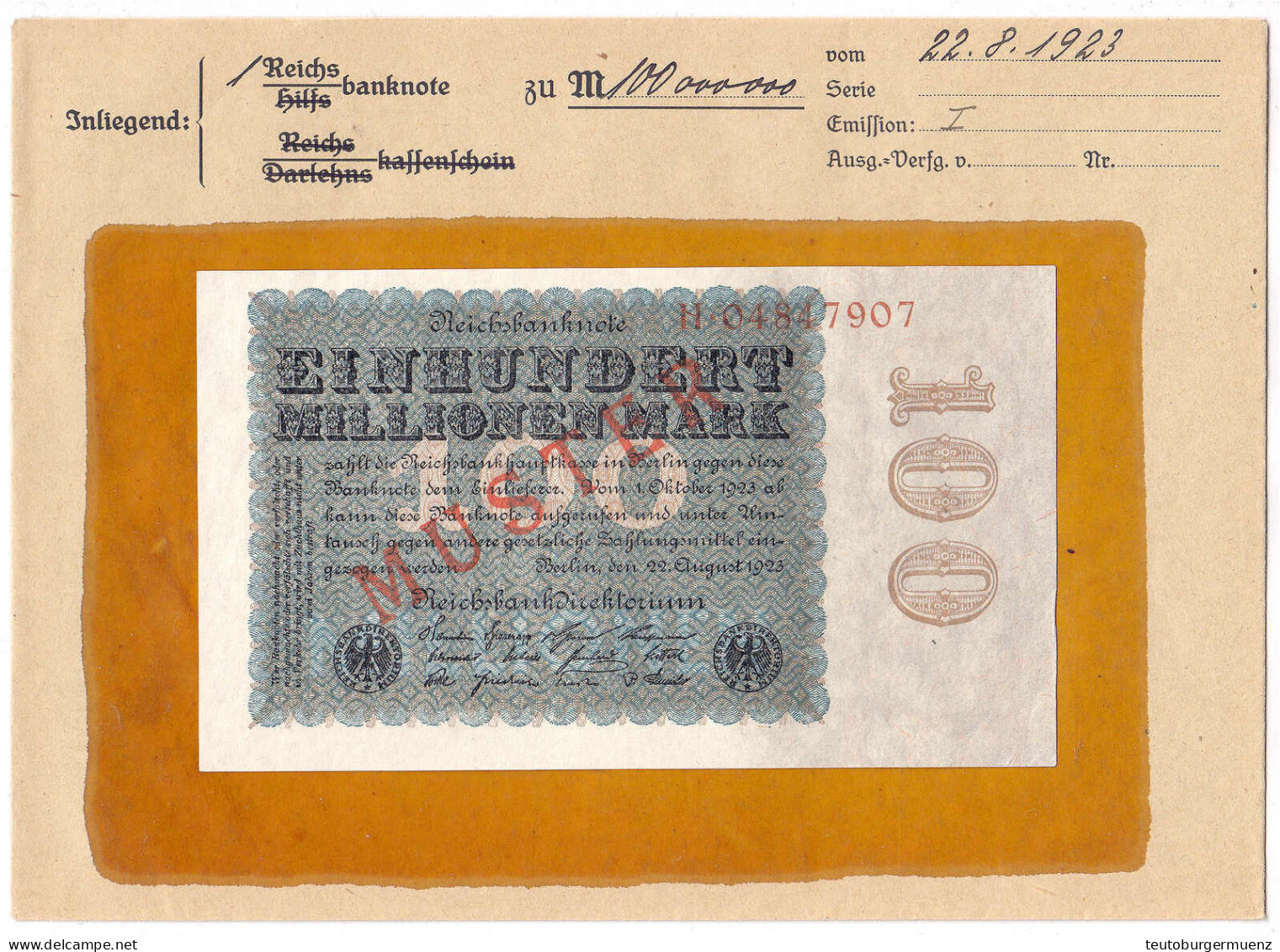100 Mio. Mark 22.8.1923. Mit Rotaufdruck „Muster“ Auf Vs., Reichsdruck, KN. 8-stellig, Serie H, Im Original Kassenkuvert - Sonstige & Ohne Zuordnung