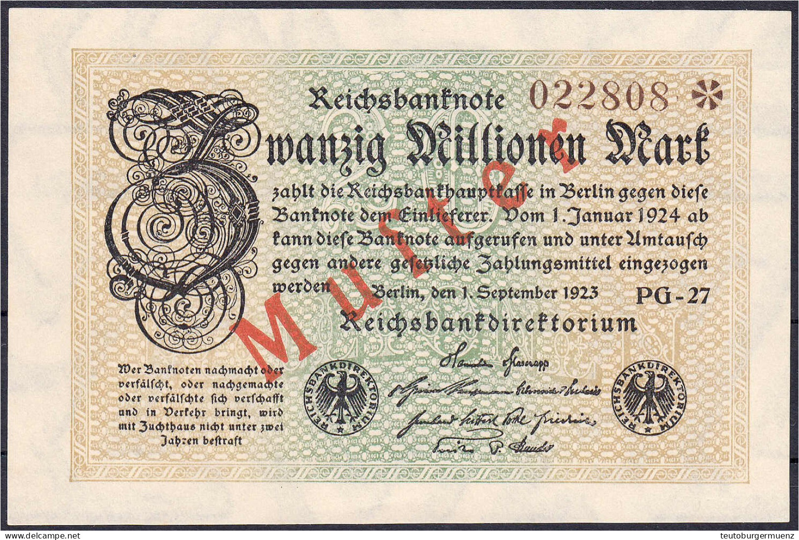 20 Mio. Mark 1.9.1923. Mit Rotaufdruck „Muster“ Auf Vs., Wz. Hakensterne, KN. 6-stellig, FZ: PG. I. Rosenberg 107. Grabo - Sonstige & Ohne Zuordnung