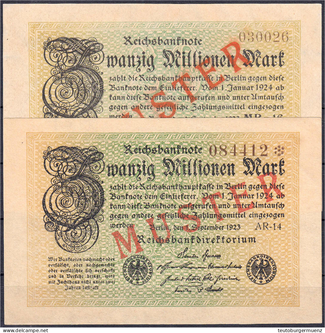 2x 20 Mio. Mark 1.9.1923. Mit Rotaufdruck „Muster“ Auf Vs., Wz. Hakensterne Und Rauten. I-, Farbunterschiede Wahrscheinl - Other & Unclassified