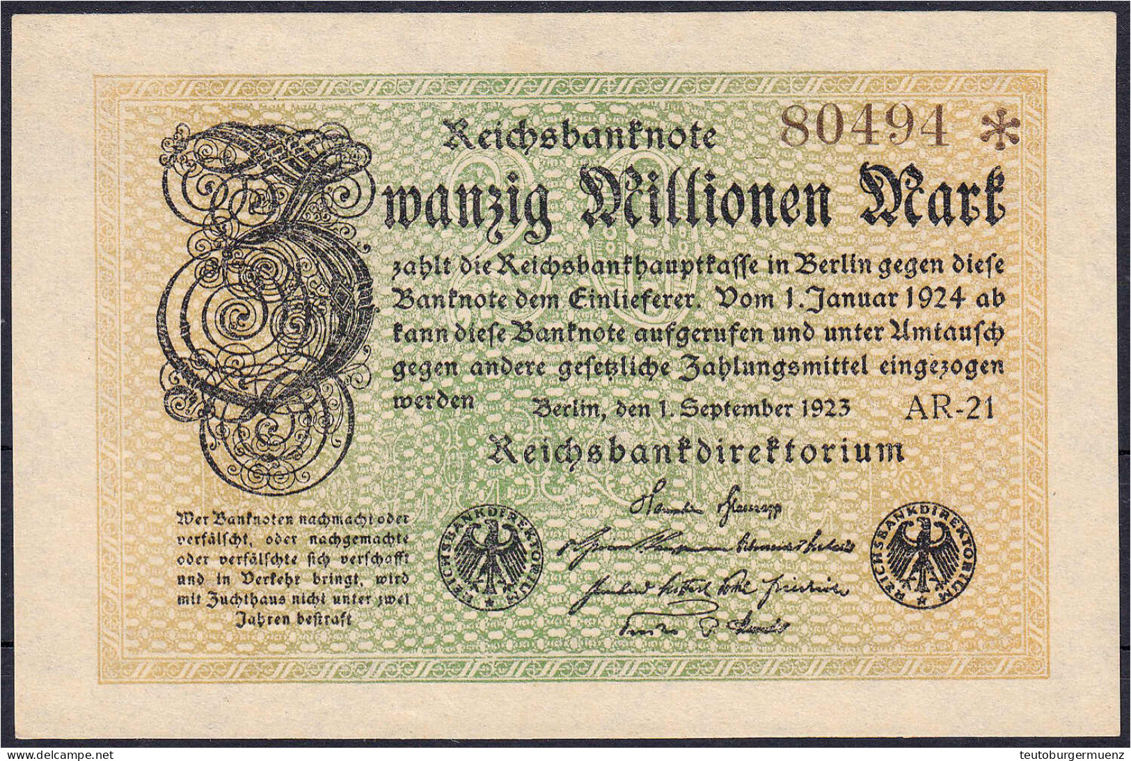 20 Mio. Mark 1.9.1923. Wz. Rauten, KN. 5-stellig, FZ: AR. Leicht Stockfleckig Sonst I. Rosenberg 107b. Grabowski. DEU-12 - Other & Unclassified