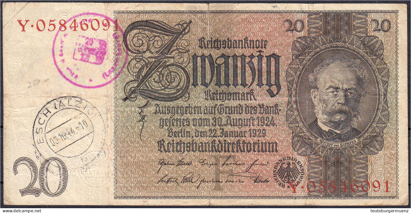 20 Reichsmark 22.1.1929. Udr.- Bst. F Serie Y, Mit Luxemburgischen Gemeinde-/Post-/Sparkassenstempel. III. Rosenberg 174 - Other & Unclassified