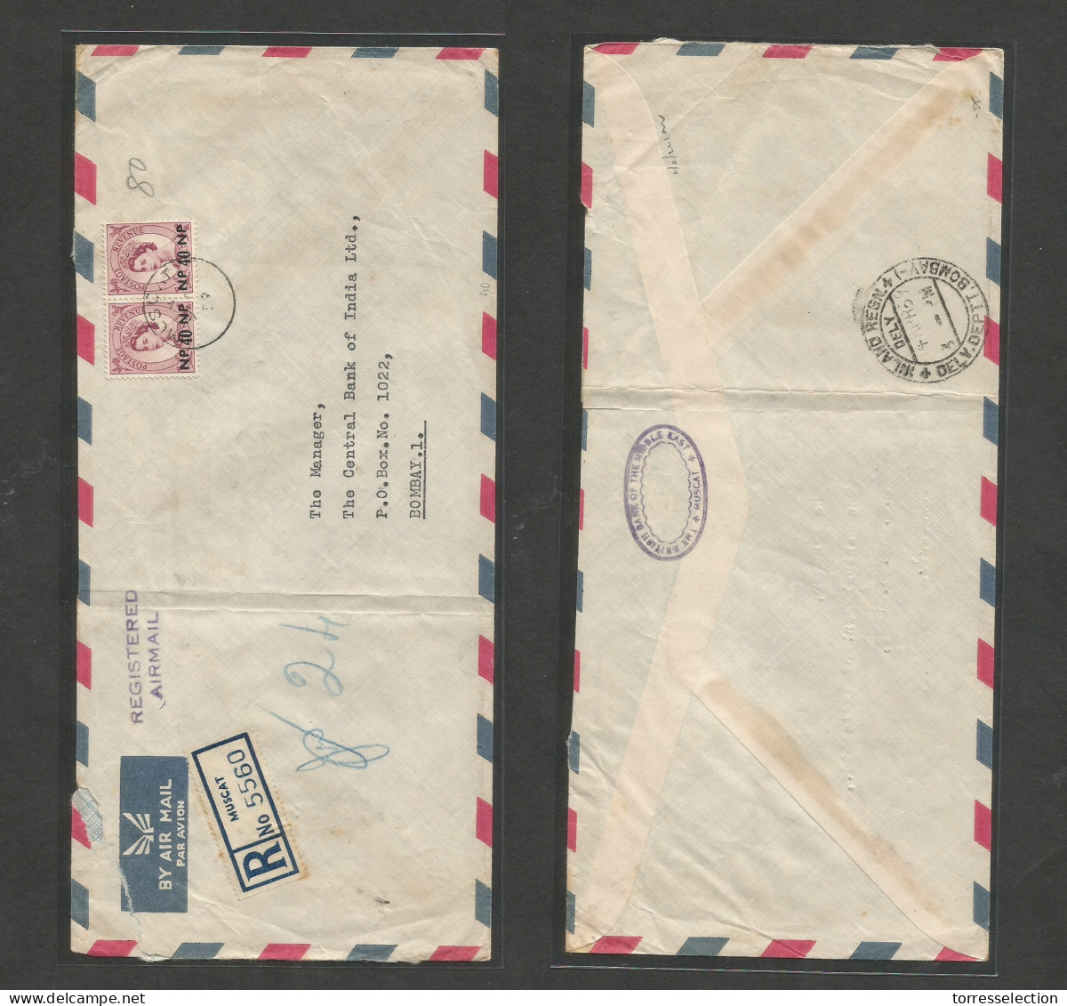 OMAN. 1959 (9 Apr) Muscat - India, Bombay (14 Apr) QEII . Registered Air Usage, New Currency 40 NP Hong Pair. Fine + Arr - Oman