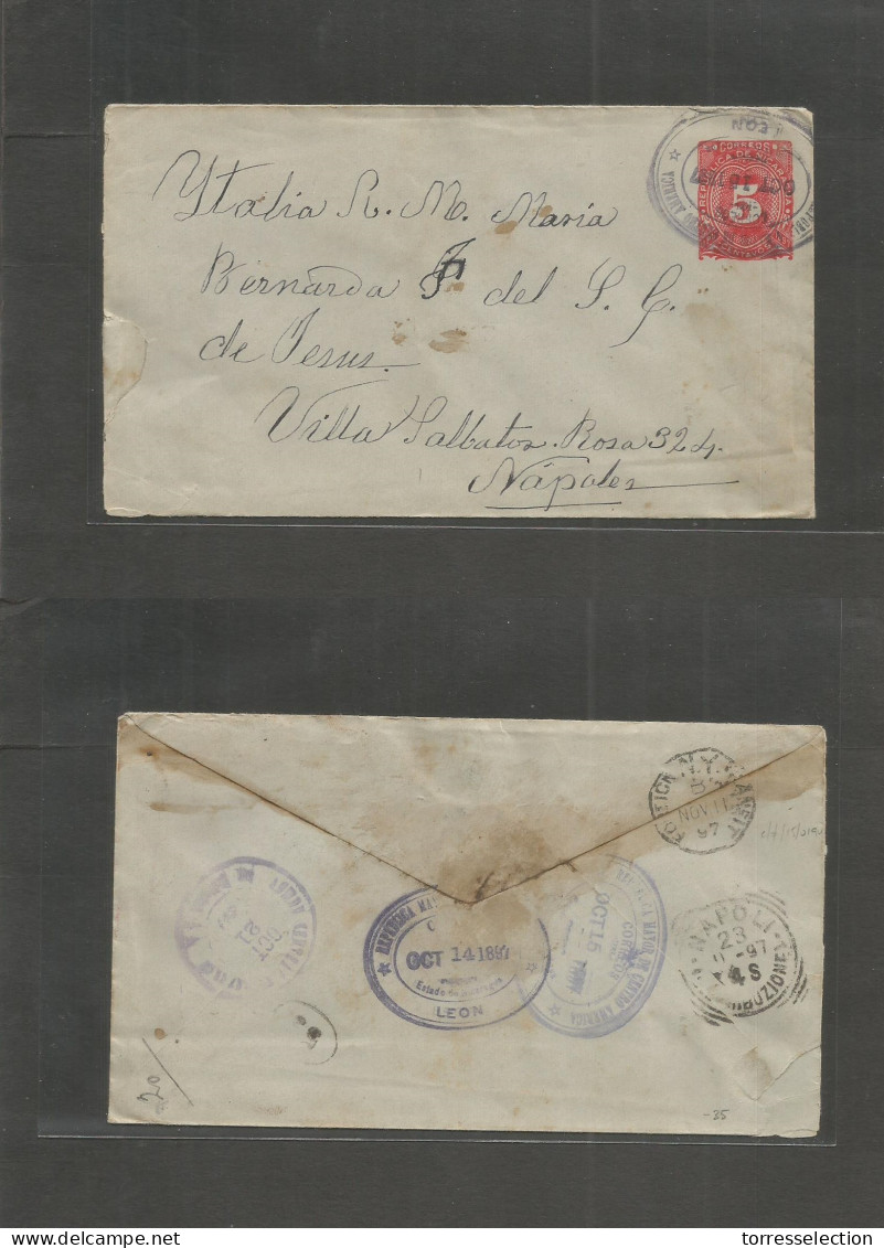 NICARAGUA. 1897 (Oct 15) Leon - Italy, Naples (23 Nov) Via NYC 5c Red / Bluish Stat Env. - Nicaragua