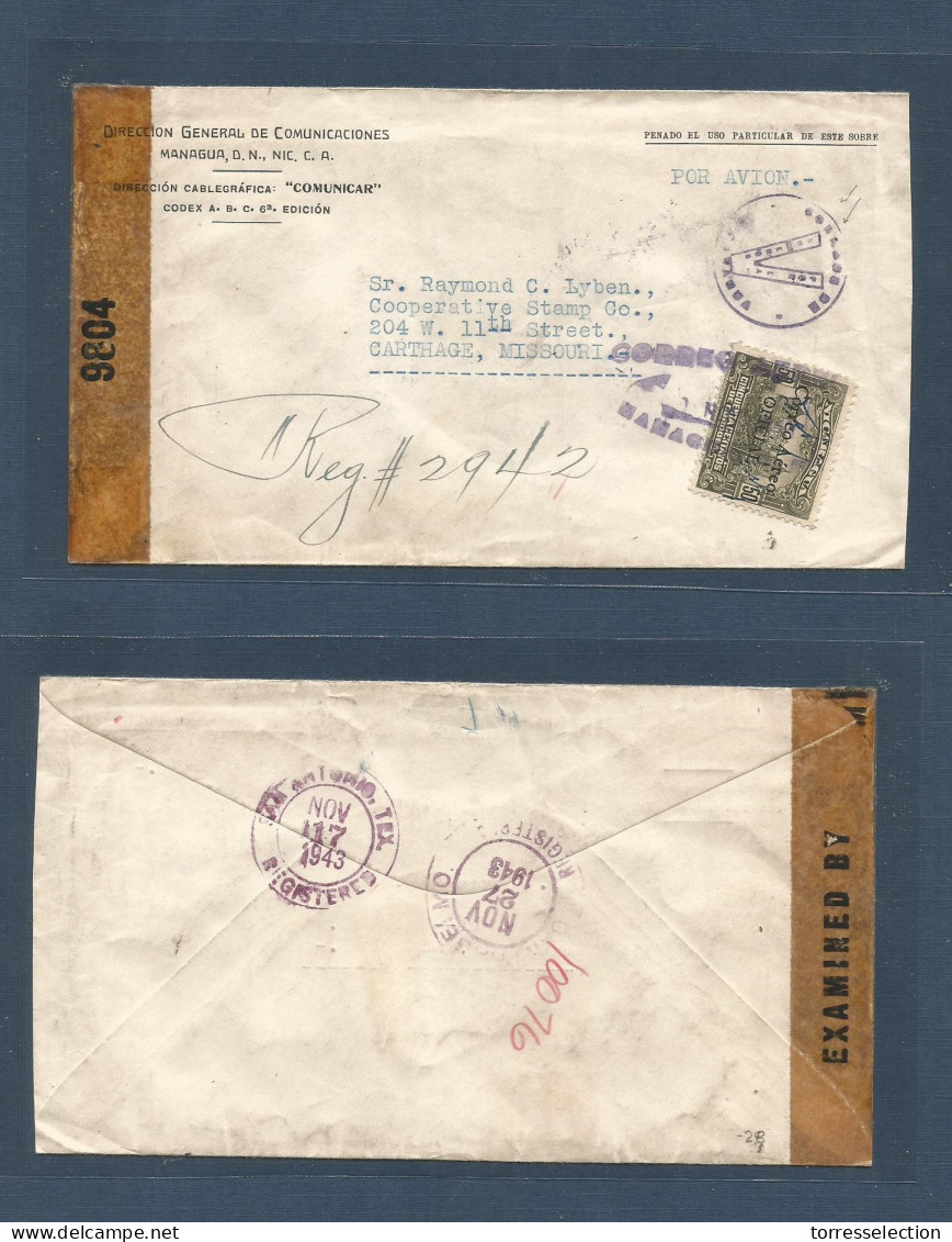 NICARAGUA. 1943 (Sept) Managua - USA, Carthage, Missionari (17 - 27 Sept) Air Depart Censored Envelope + US Censor Label - Nicaragua