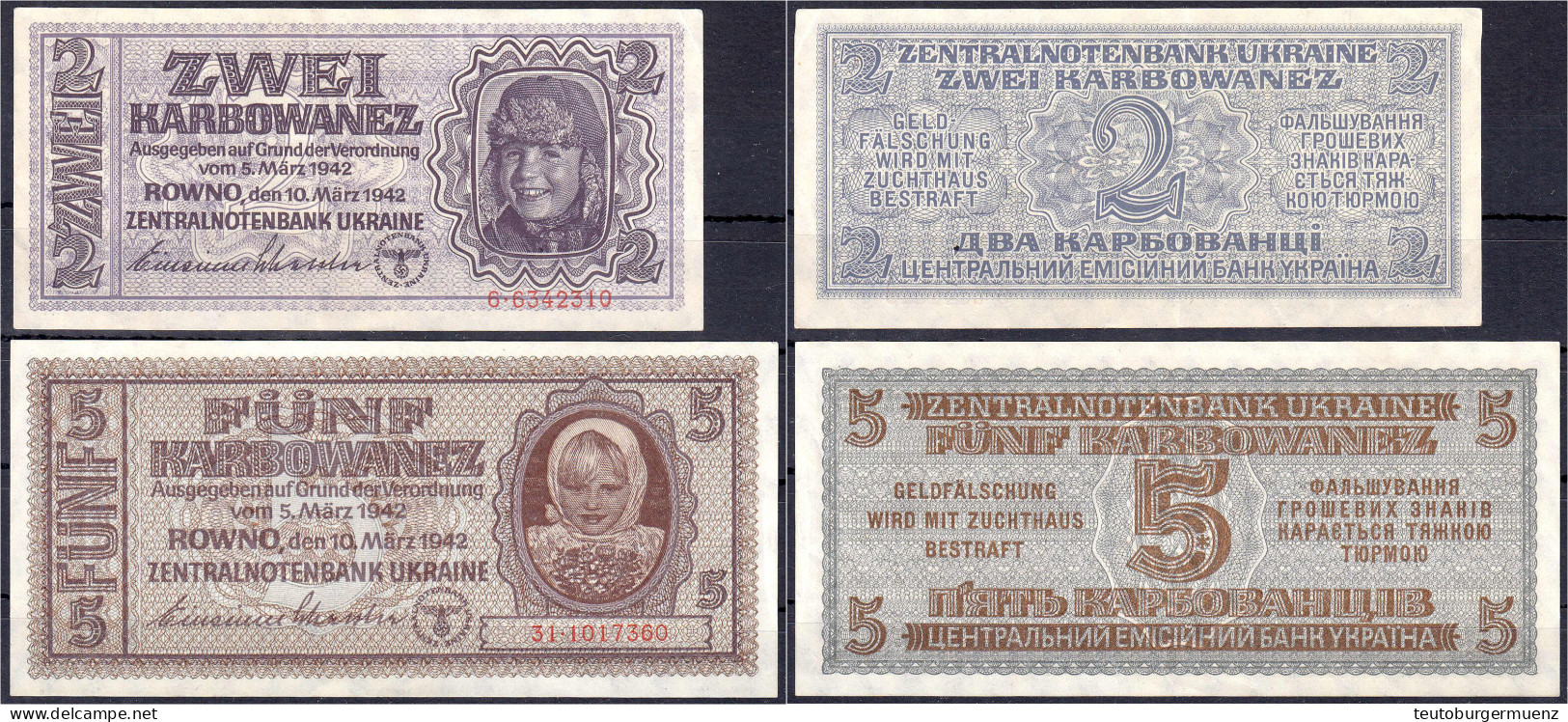 Ukraine, 2 Und 5 Karbowanez 10.3.1942. Junge Mit Pelzmütze, Serie 6 Und Mädchen Mit Kopftuch Serie 31. II- Bis III+ Und  - Altri & Non Classificati