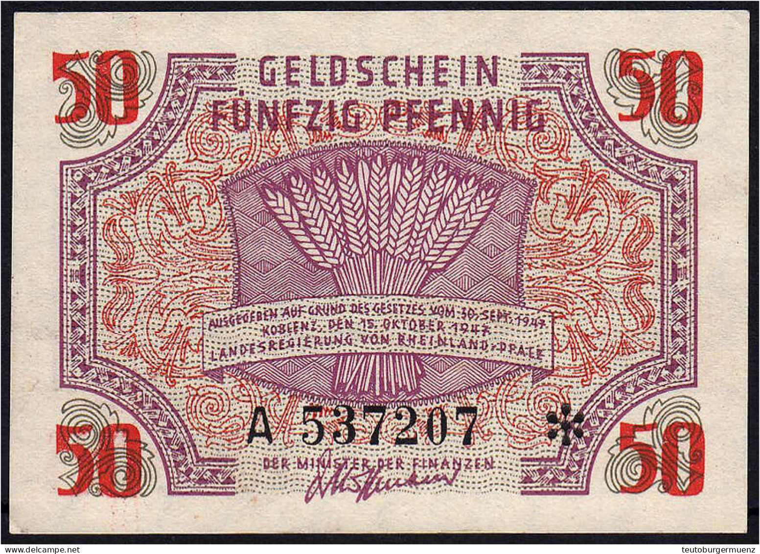 Rheinland Pfalz, Landesregierung, 50 Pfg. 15.10.1947 Serie A. I- Rosenberg 213. Grabowski. FBZ-6. - Other & Unclassified