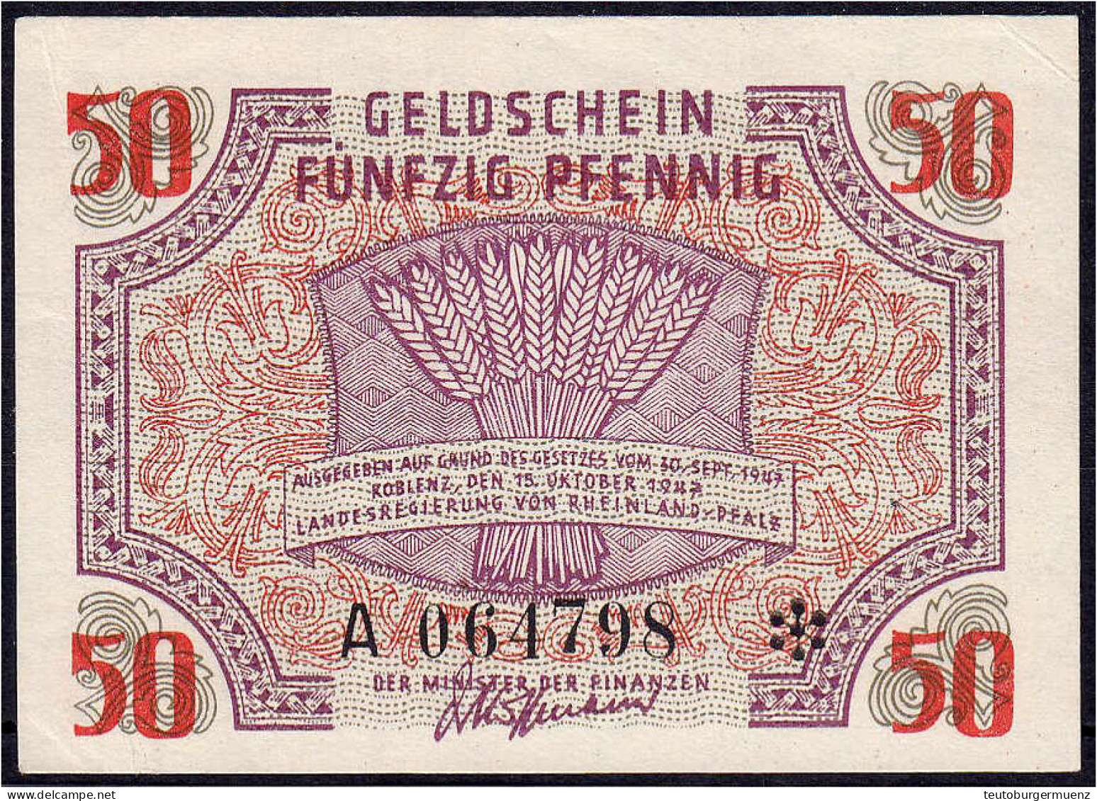 Rheinland Pfalz, Landesregierung, 50 Pfg. 15.10.1947 Serie A. I- Rosenberg 213. Grabowski. FBZ-6. - Sonstige & Ohne Zuordnung