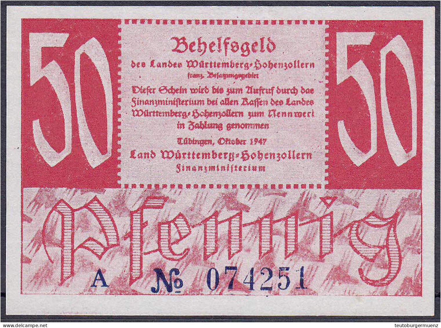 Württemberg-Hohenzollern, 50 Pfg. 1947. I. Rosenberg 216a. Grabowski. FBZ-9. Pick S1009. - Sonstige & Ohne Zuordnung