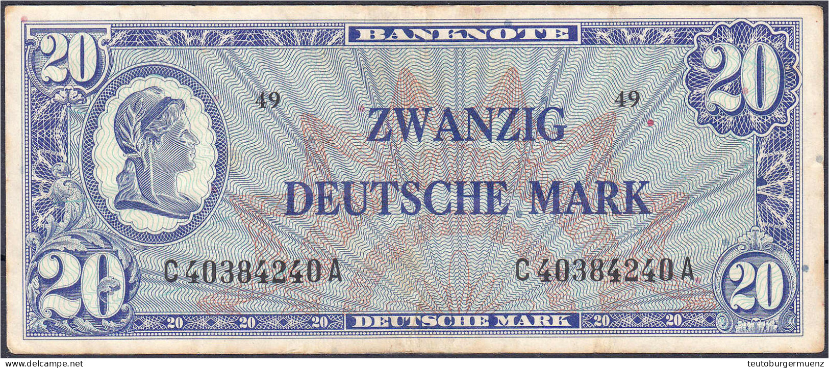 20 Deutsche Mark (Liberty) O.D. (1948). Kenn-Bst./Serie, C/A. Platte 49. III, Selten. Rosenberg 246a. Grabowski. WBZ-9a. - Autres & Non Classés