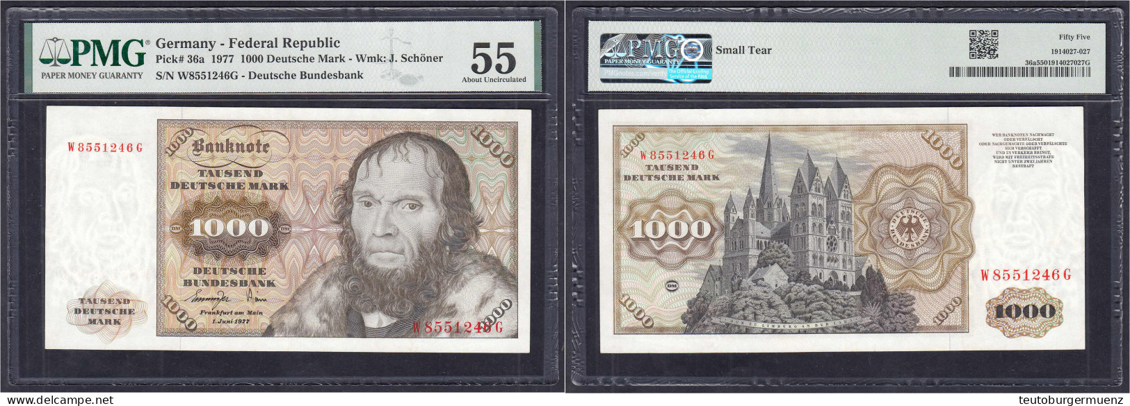 1000 Deutsche Mark 1.6.1977. Serie W/G. PMG Grading 55 About Uncirculated. Rosenberg 280a. Grabowski. BRD-24a. Pick 36. - Altri & Non Classificati