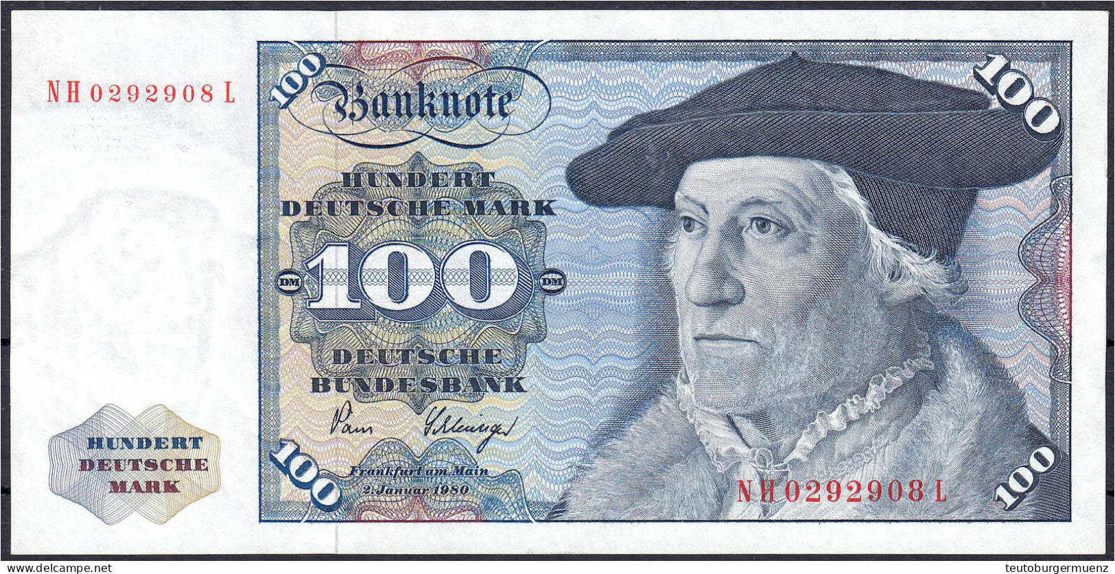 100 Deutsche Mark 2.1.1980. Serie NH/L, Ohne Copyright. I. Rosenberg 284a. Grabowski. BRD-28a. Pick 34c. - Sonstige & Ohne Zuordnung