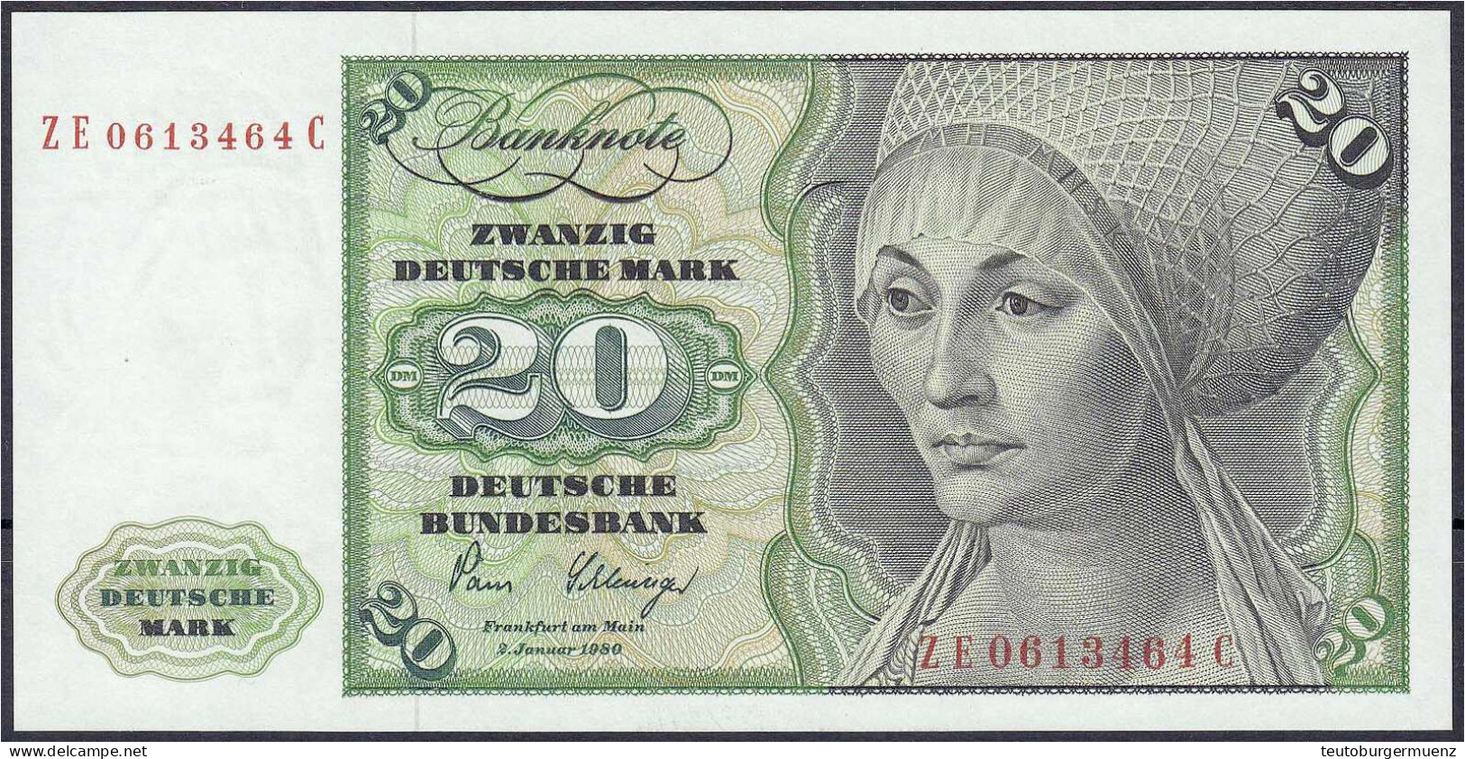 20 Deutsche Mark Austauschnote 2.1.1980. Serie ZE/C. Mit Copyright. I-, Sehr Selten. Rosenberg 287b. Grabowski. BRD-31b. - Altri & Non Classificati