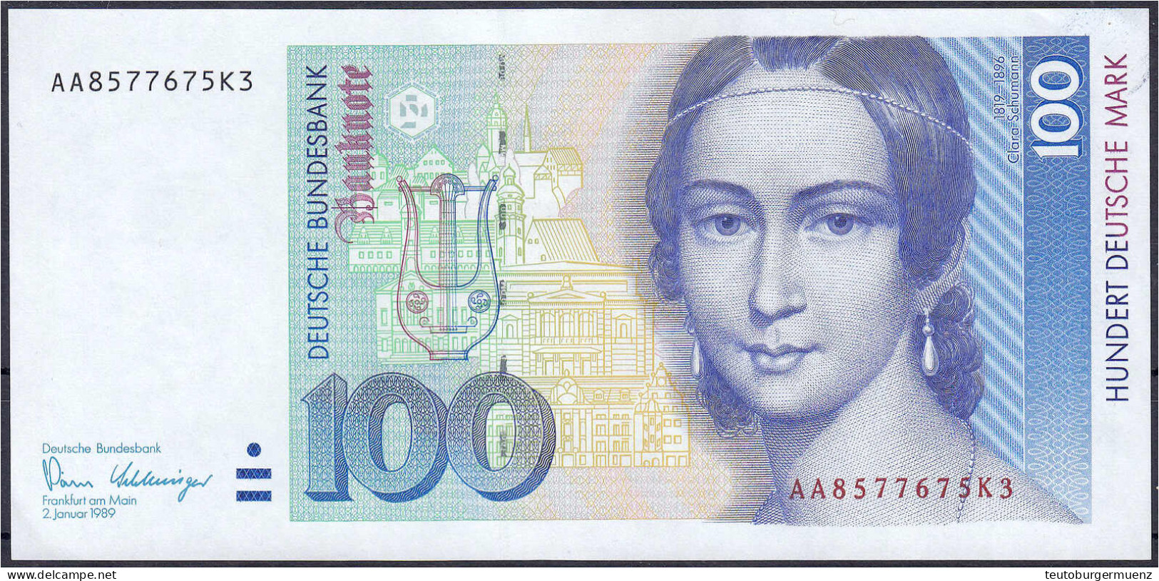 100 Deutsche Mark 2.1.1989. Serie AA/K. II. Rosenberg 294a. Grabowski. BRD-38a. - Altri & Non Classificati