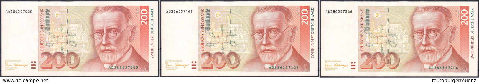 3x 200 Deutsche Mark 2.1.1989. Fortlaufende KN. Serie AD/G. I- / II+ Rosenberg 295a. Grabowski. BRD-39a. - Sonstige & Ohne Zuordnung