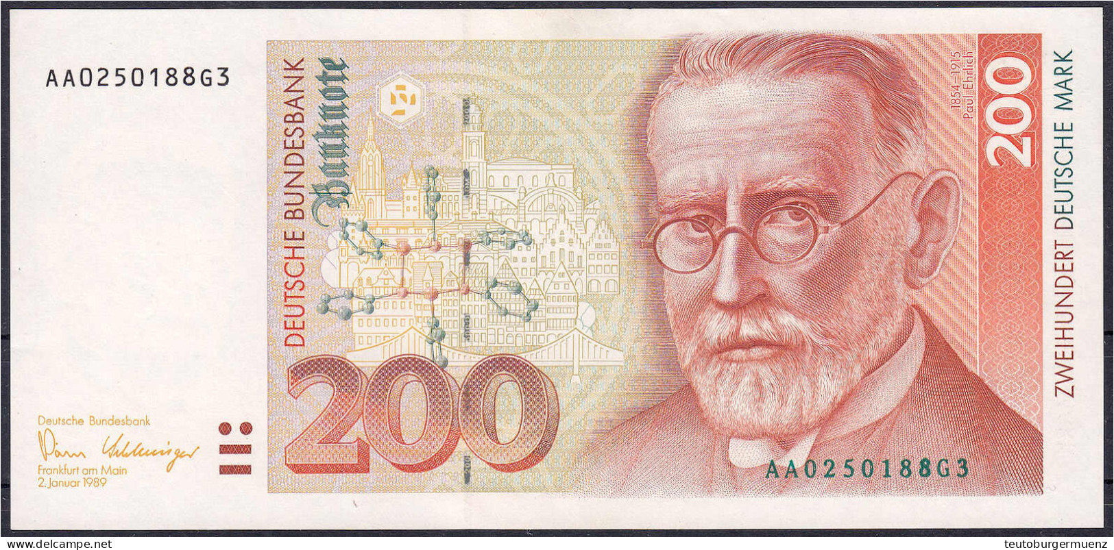 200 Deutsche Mark 2.1.1989. Serie AA/G. I- Rosenberg 295a. Grabowski. BRD-39a. - Altri & Non Classificati