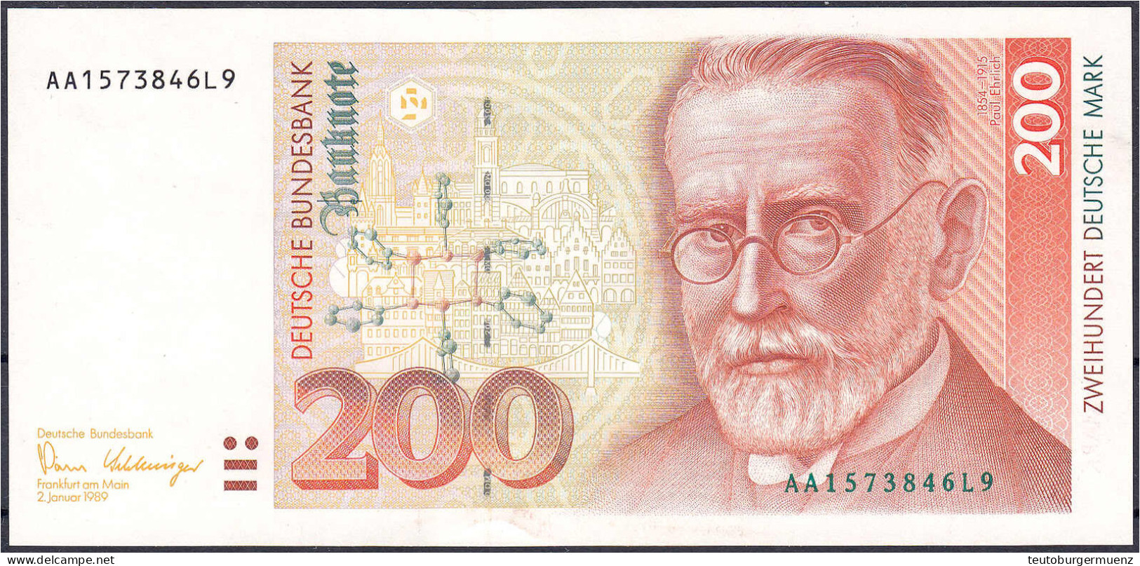 200 Deutsche Mark 2.1.1989. Serie AA/L. II. Rosenberg 295a. Grabowski. BRD-39a. - Altri & Non Classificati